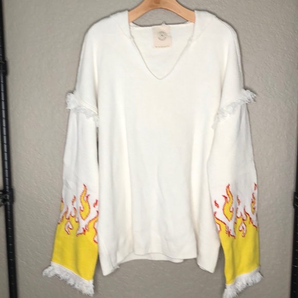 Oversized soft cotton blend fringe flame details on arms hooded sweater - Picture 1 of 9